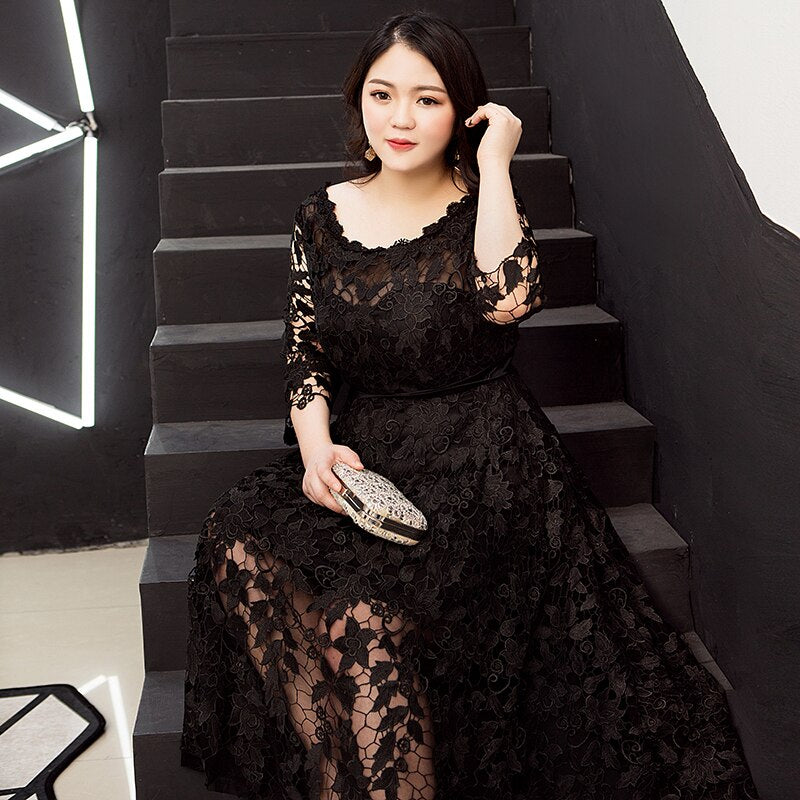 Prom Dresses A-Line Tea-Length Lace Three Quarter Formal Party Dress