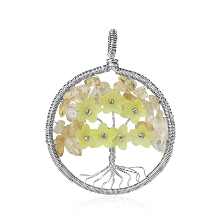 Tree of Life Pendant Necklace Natural Stone Quartz Crystal Chip Bead Flower Reiki Jewelry