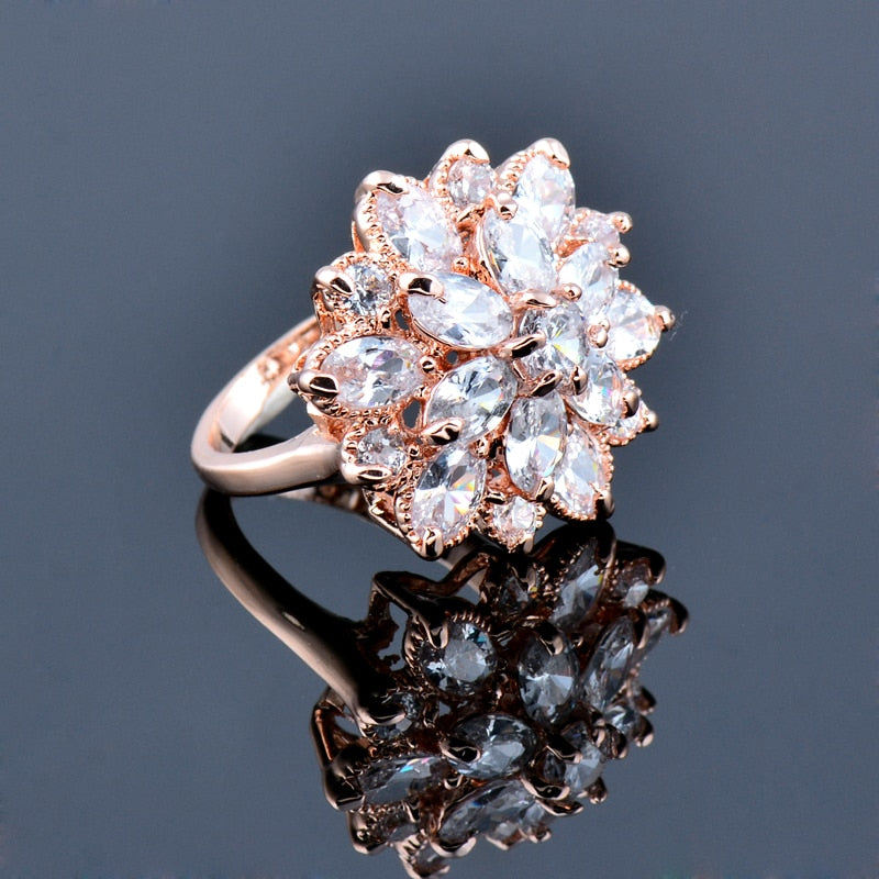 Luxury Crystal Flower Rings For Women Wedding Engagement Jewelry Rose Gold/Silver Color Ring