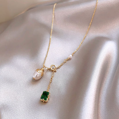 Green Pearl Pendant Necklace Delicate Elegant Clavicle Geometric Simple Neck Chain