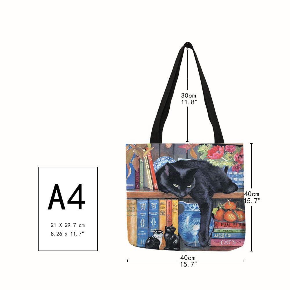 Oil Painting Cat Print Designer Tote Bags Linen Reusable Shopping Bag For Groceries Shoulder Bags