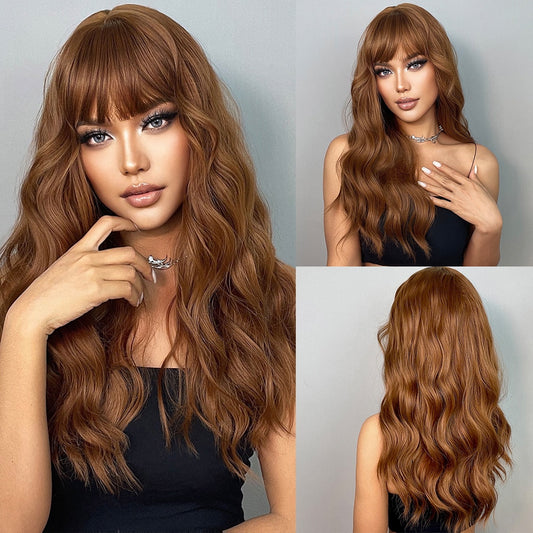 Long Wavy Synthetic Wigs With Long Bangs Natural Hair Wig Heat Resistant Fiber Wig