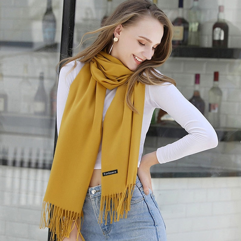 Winter Cashmere Scarf Luxury Scarves Lady Tassel Solid Shawl Wraps Foulard Tippet Pashmina