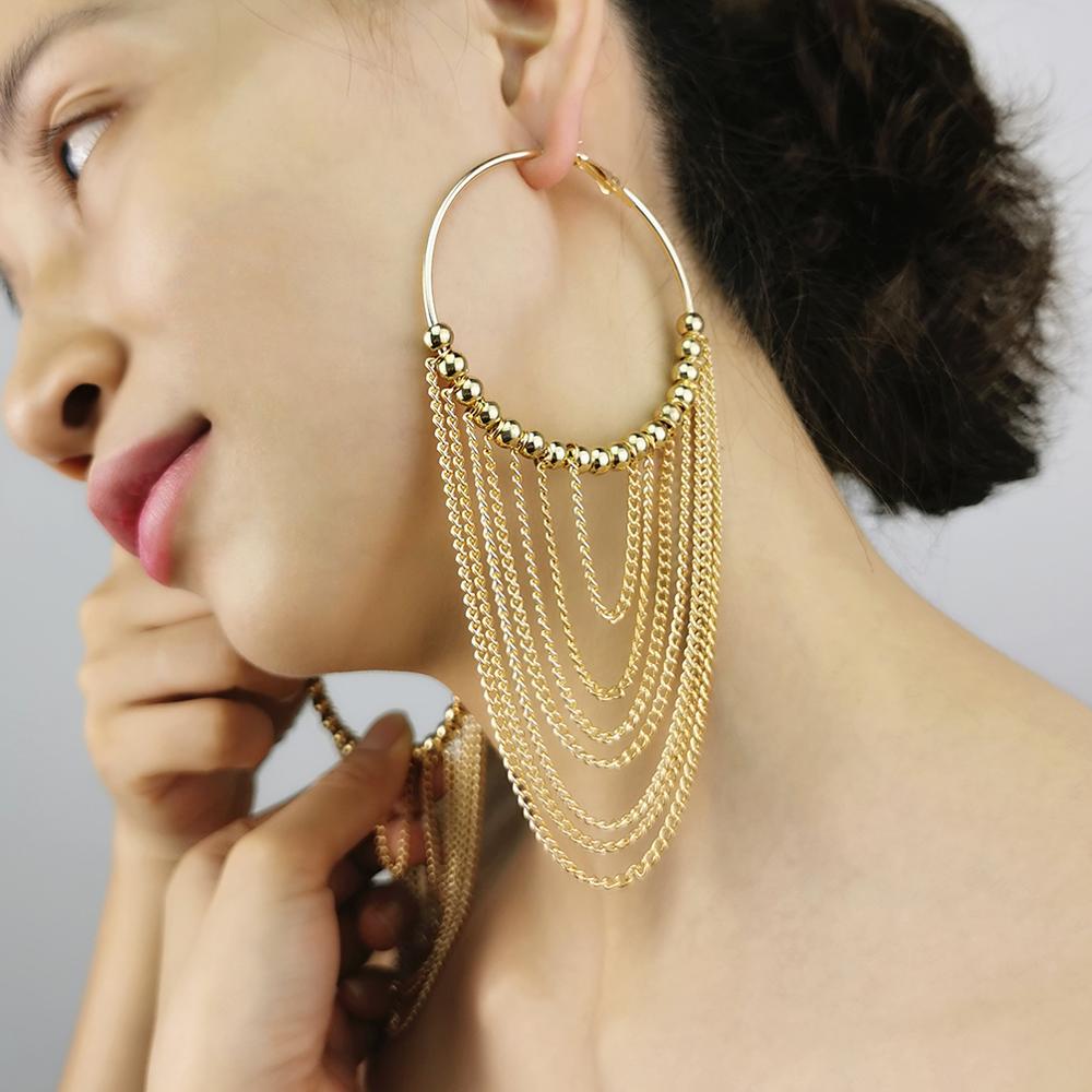 Fashion Circular Metal Long Tassel Earrings Jewelry Chain Dangle Earrings Gold Color Ball Pendientes