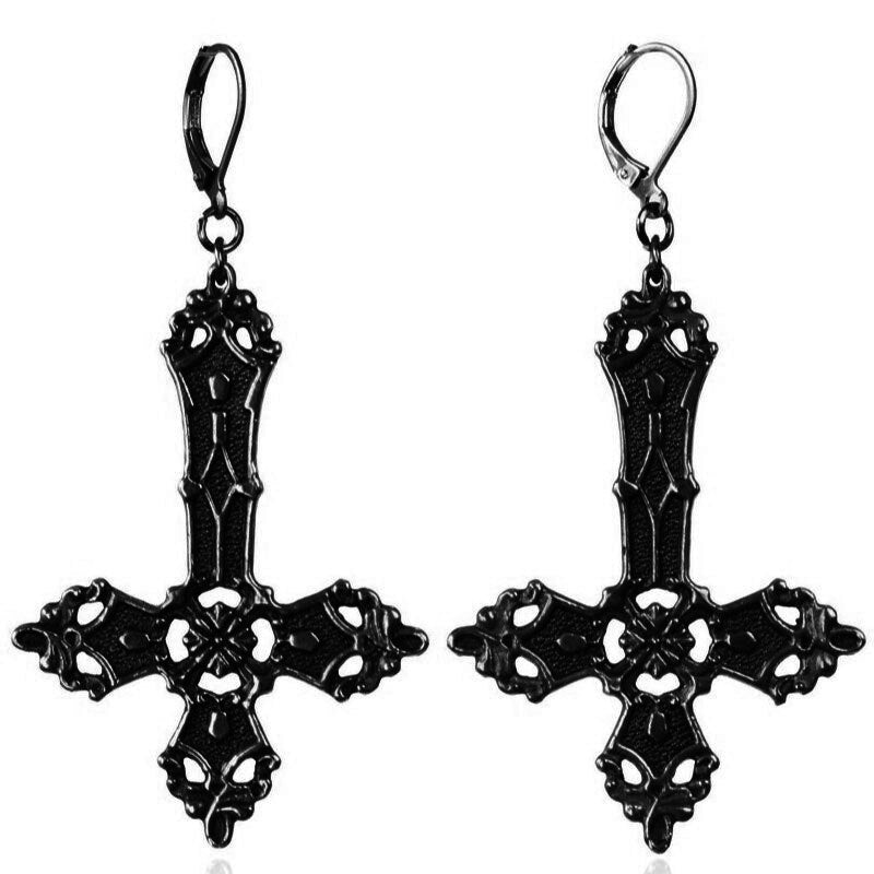 Inverted Crucifix earrings with black glass crystal teardrops. Classic gothic dangling ornamental satanic earrings