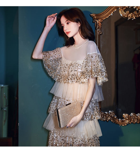 Elegant Women Party Shiny Sequin Embroidery Dress Ladies Ruffles Pleated Tulle Dress See Through Gauze Layered Dress