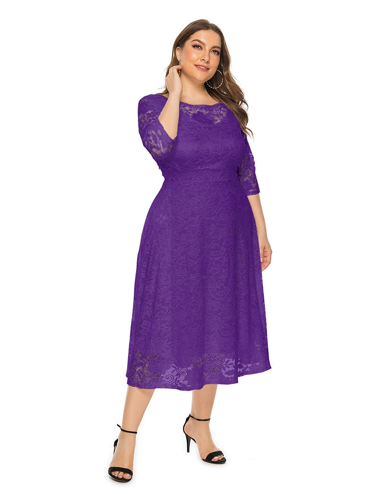 Plus Size Lace Evening Dress A-line Tea-length Dress with Pockets for Party