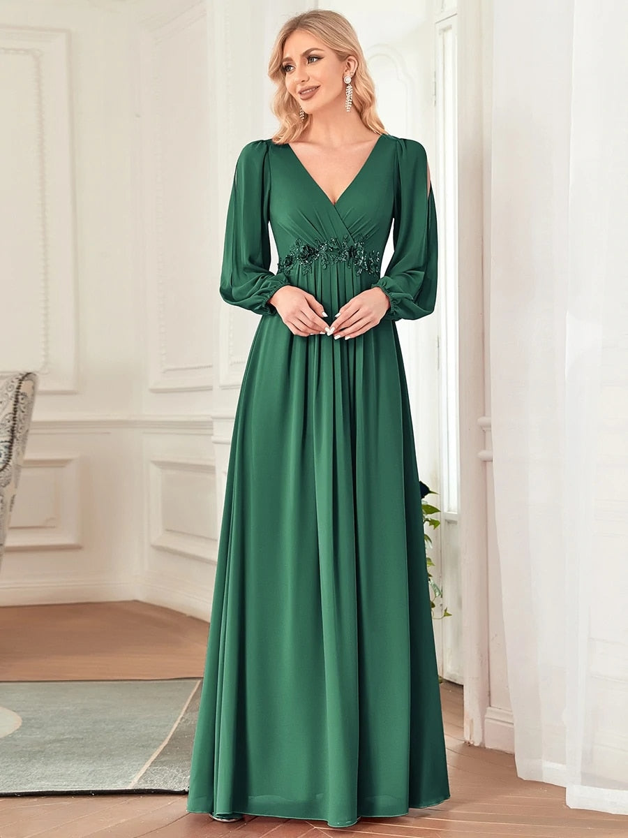 Elegant Evening Dresses Chiffon Long A-LINE long sleeves V-neck