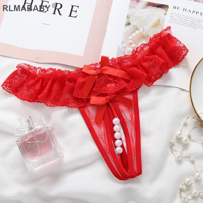 Sexy Women Pearl Crotch Open Lace Thong Slim Transparent Lingerie G-String Solid Color Girl Temptation Massage Underwear Panties