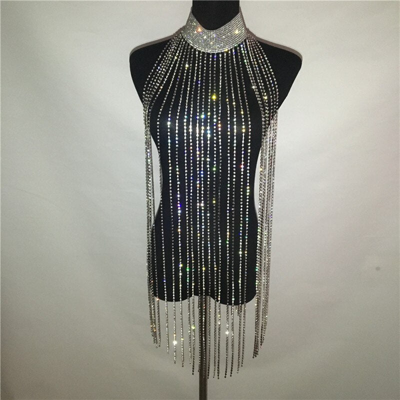 Gold Silver Sparkle Diamonds Dresses Rhinestone Long Tassel Body Chain Loose Sexy Luxury Mini Dress