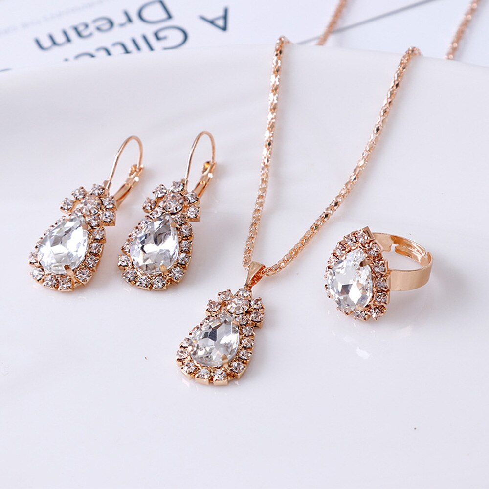 Luxury Water Drop Rhinestone Necklace Earrings Ring Set Shiny Bridal Jewelry Sets