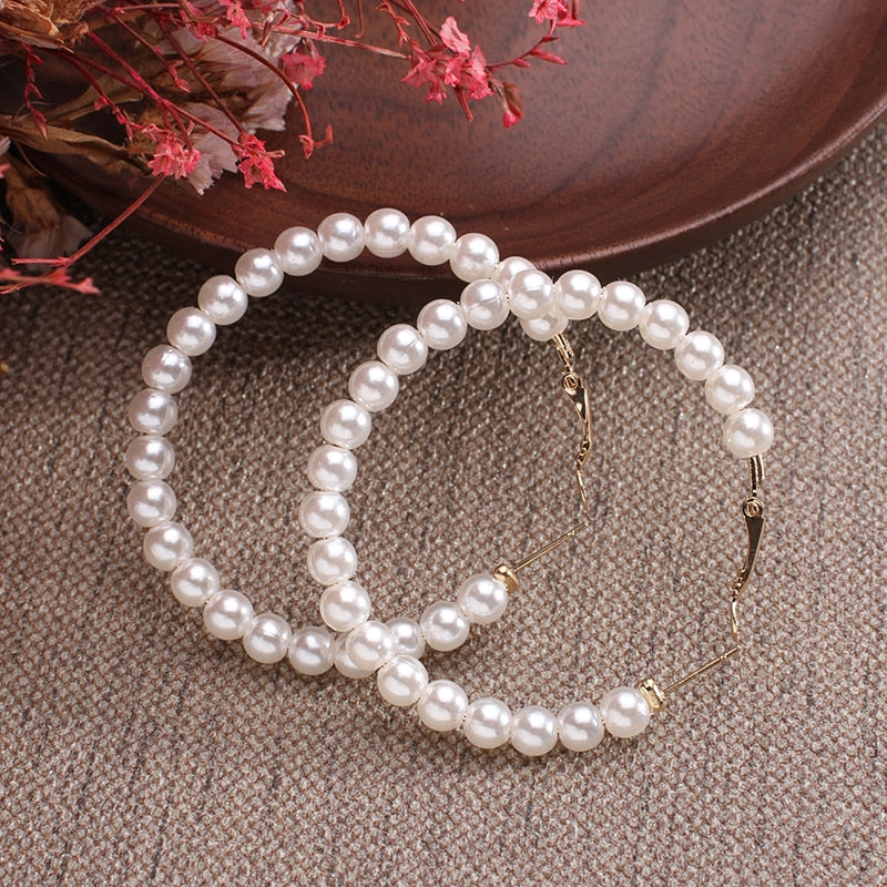 white boho imitation pearl round circle hoop earrings female gold color big earrings jewelry statement earrings