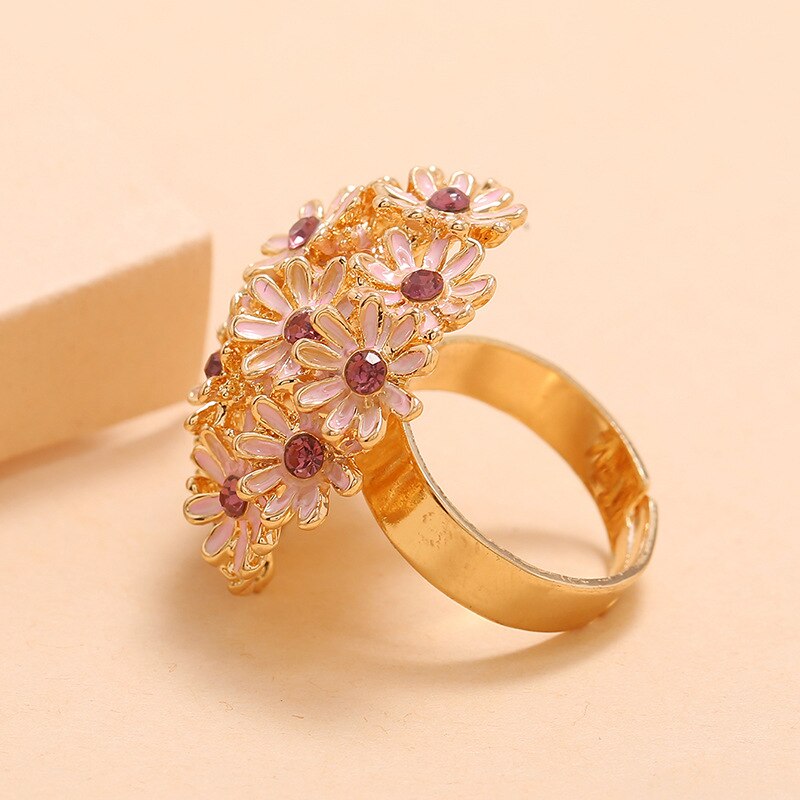 Romantic Pink Flower Rings Bohemian Rhinestone Statement Ring Adjustable