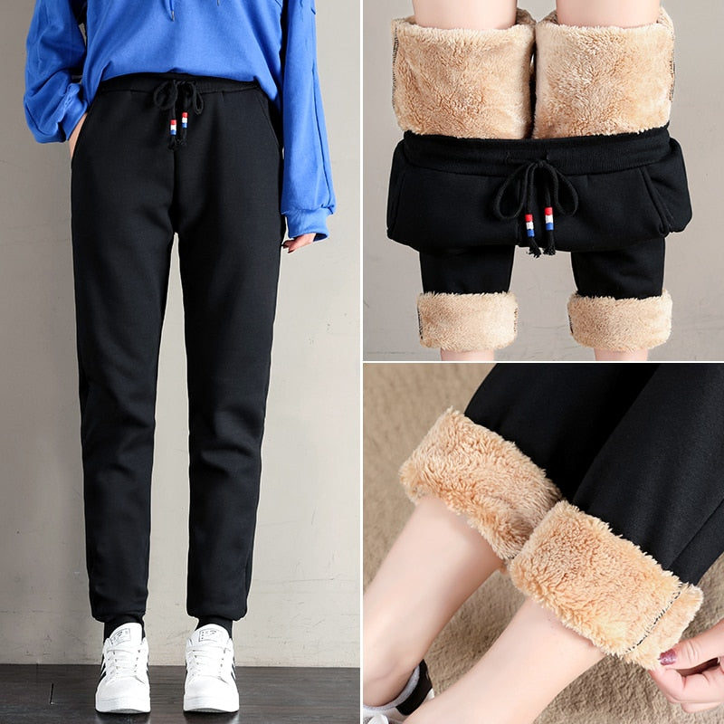 Women Winter Thick Lambskin Cashmere Pants Warm Casual Cotton Pants Loose Harlan Trousers