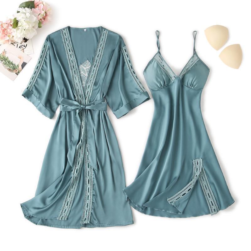 Lace Trim Sexy Robe Suit Loose Satin Kimono Bathrobe Gown Mini Sleepwear Rayon Intimate Lingerie