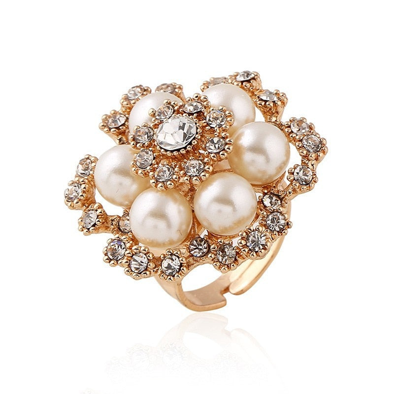 Luxury Pearl Stone Big Flower Joint Ring Kpop Gold Color Alloy Temperament Flower Ring adjustable