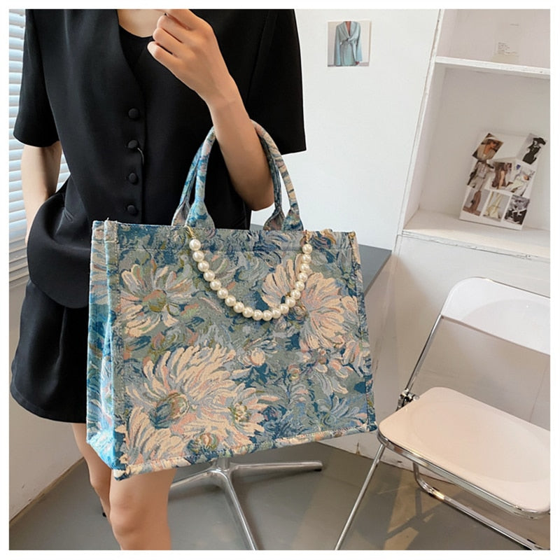 Unusual Design Denim Handbags for Women Luxury Canvas Tote Bag Pearl Bead Decorated Diagonal Crossbag Femme