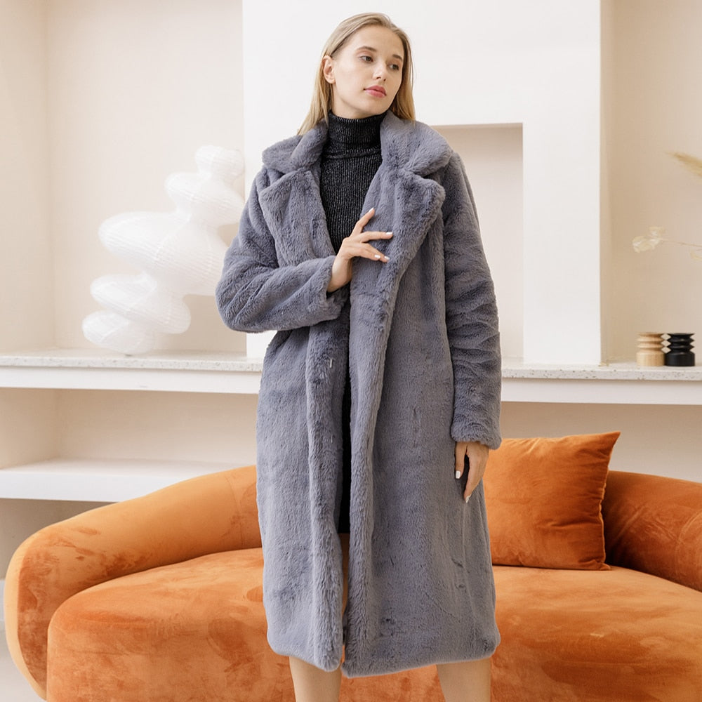 Winter Warm Faux Fur Coat Thick Long Coat Turn Down Collar Women Warm Coat Casaco Feminino