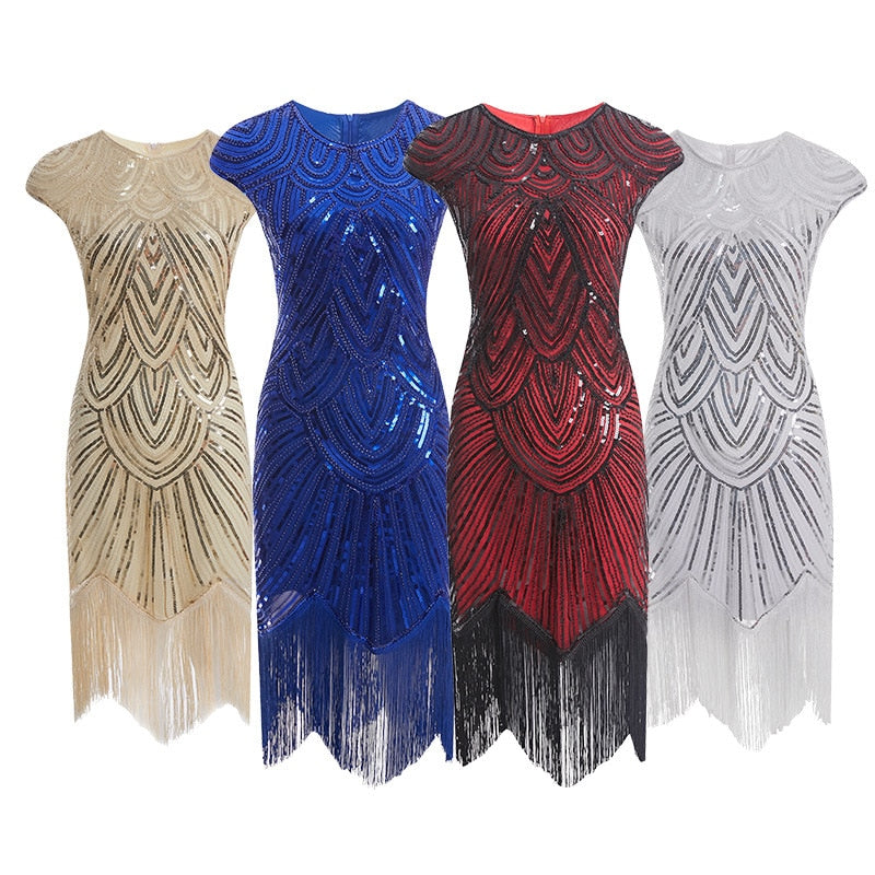 Vintage Flapper Great Gatsby Dress O-Neck Cap Sleeve Sequin Fringe Party Midi Dress