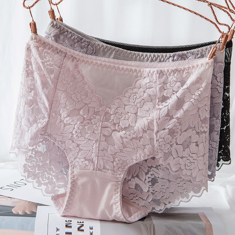 Sexy Mesh Panties High-waist Seamless Lace Briefs Transparent Silk Cotton Health Knickers Lingerie