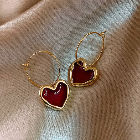 Sweet Burgundy Enamel Gold Color Metal Love Heart Hanging Dangle Earrings