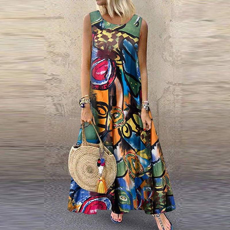 Printed Maxi Sundress Vintage O Neck Sleeveless Tunic Vestidos  Casual Robe Femme