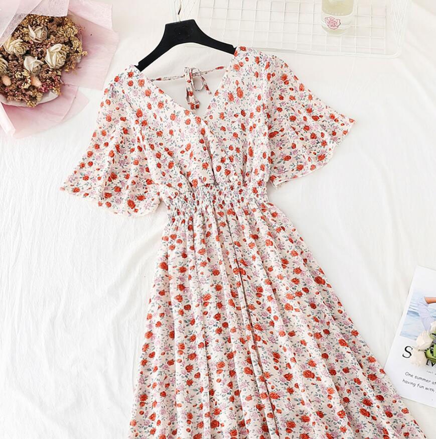 Ruffled Short-sleeved Chiffon V-neck High Waist Floral Print Beach Midi Dresses