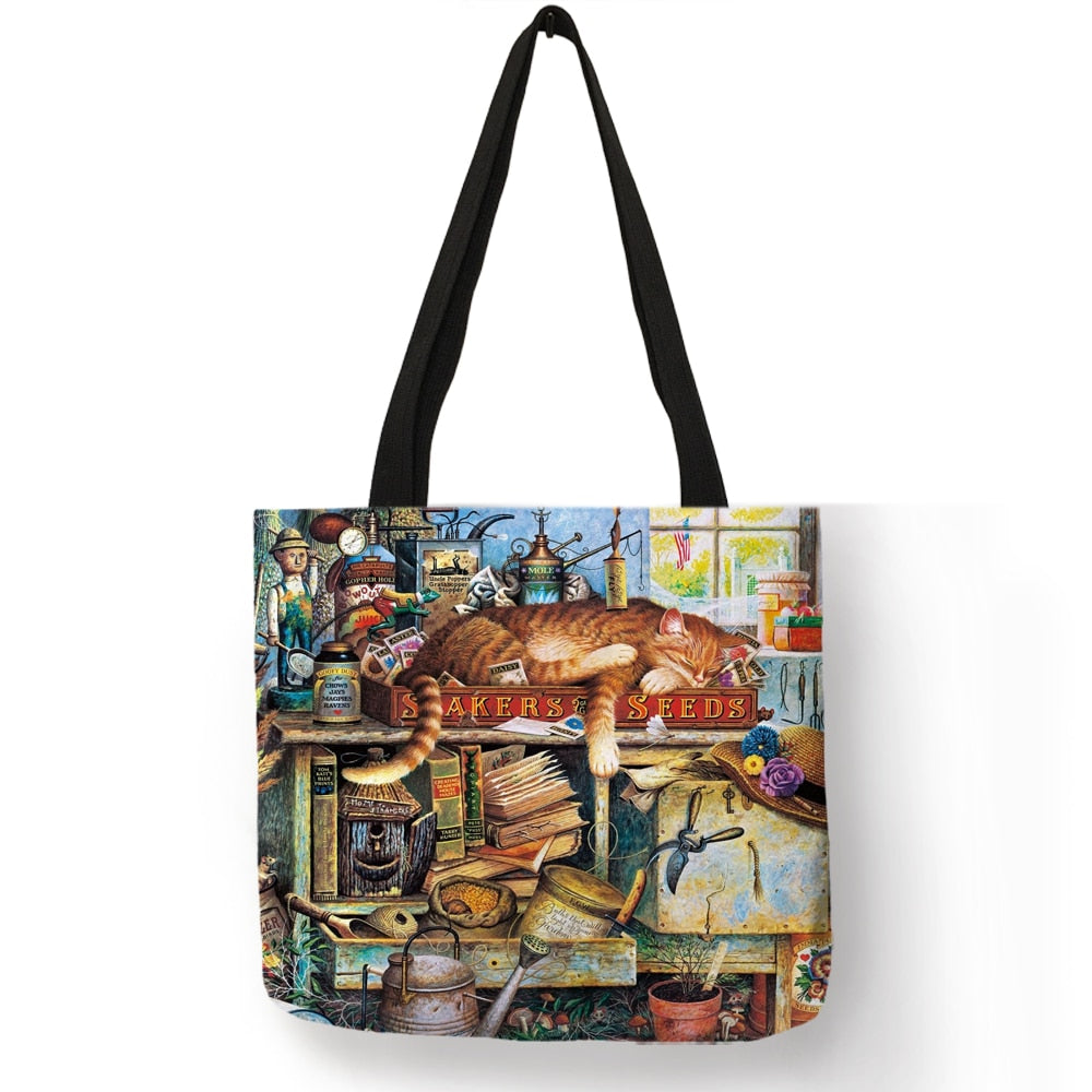 Oil Painting Cat Print Designer Tote Bags Linen Reusable Shopping Bag For Groceries Shoulder Bags