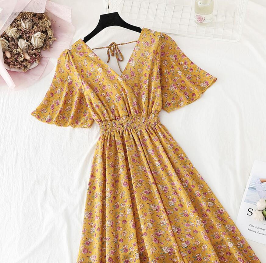 Ruffled Short-sleeved Chiffon V-neck High Waist Floral Print Beach Midi Dresses