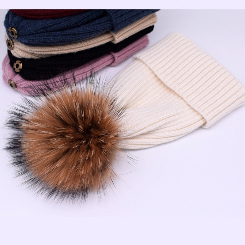 winter hat luxury quality Fox fur pompom hats beanie bonnet winter hats