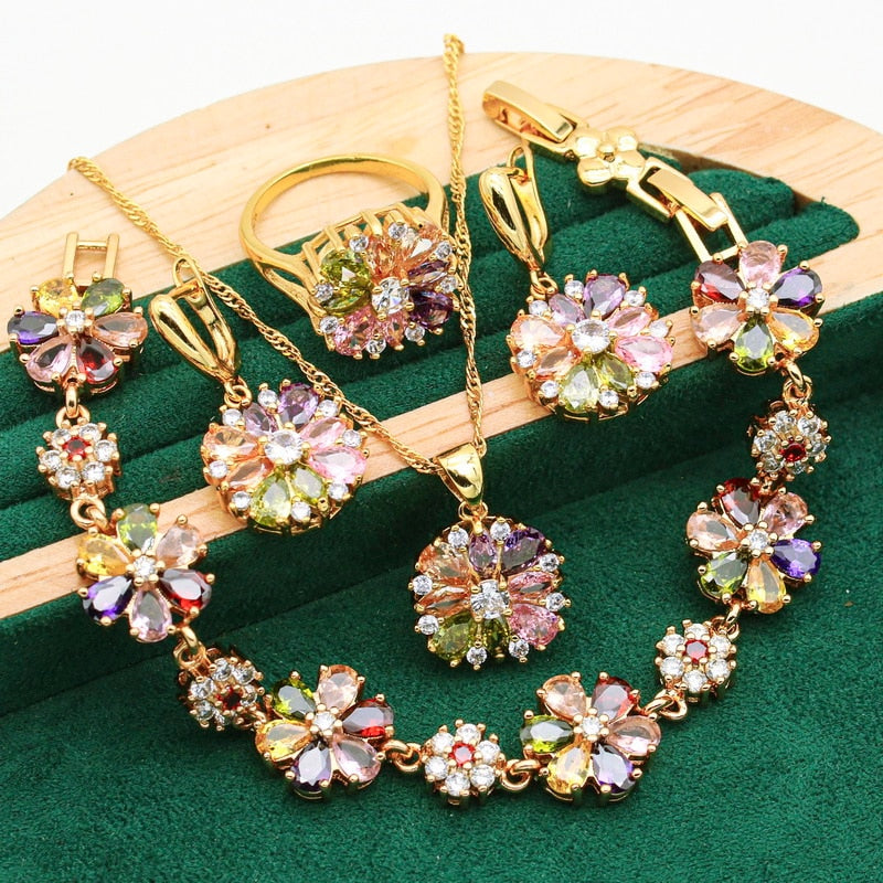 Classic 925 Silver Gold Color Jewelry Sets Multicolor Zircon Bracelet Earrings Necklace Pendant Ring 4PCS