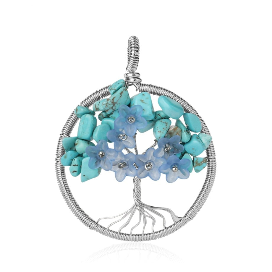 Tree of Life Pendant Necklace Natural Stone Quartz Crystal Chip Bead Flower Reiki Jewelry