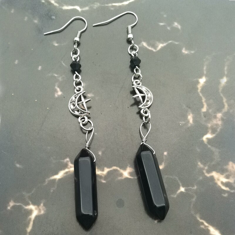 Inverted Crucifix earrings with black glass crystal teardrops. Classic gothic dangling ornamental satanic earrings