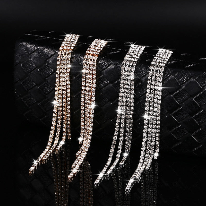 Luxury Rhinestone Crystal Long Tassel Bridal Drop Dangling Earrings Wedding Jewelry