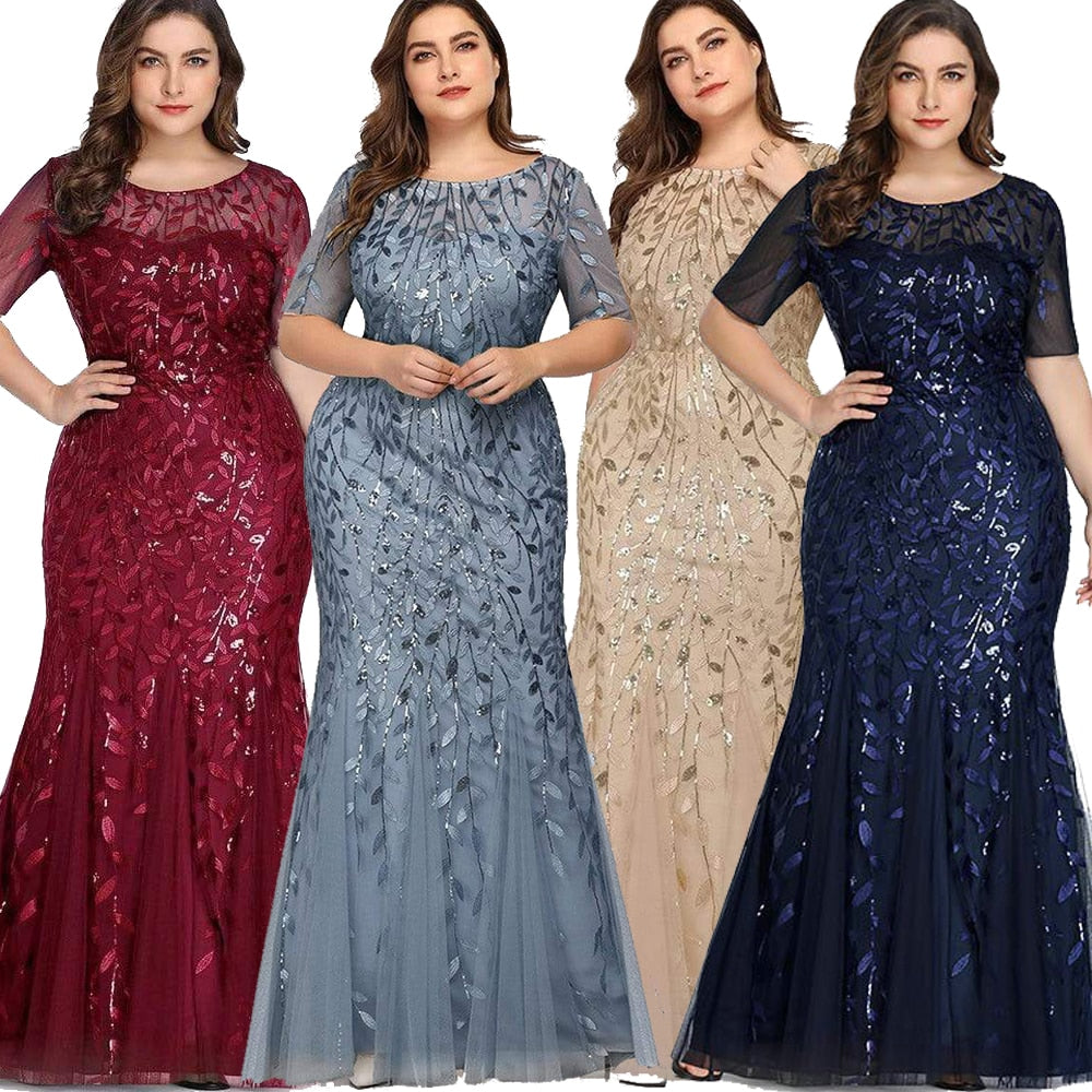 Plus Size Sequin Mesh Mermaid Slim Evening Dress Beaded Leaves Pattern Elegant Party