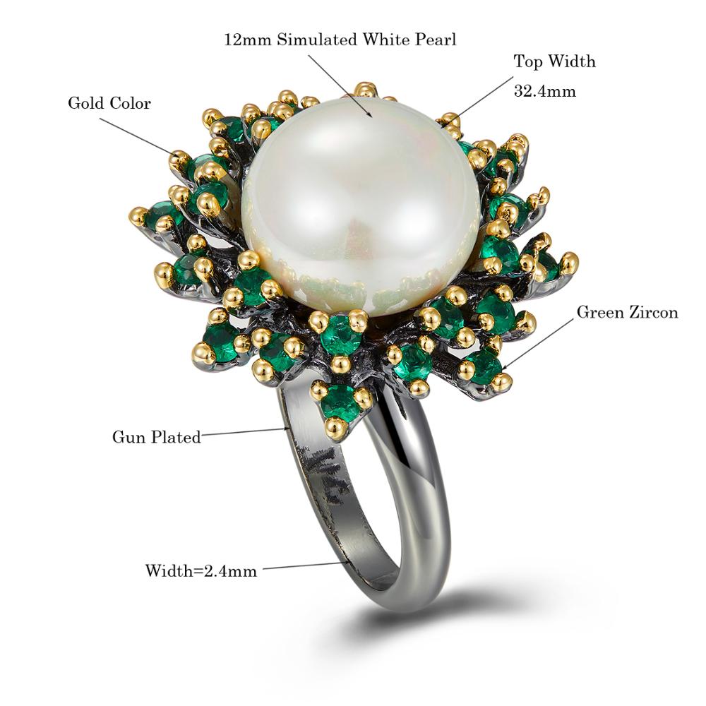 Blossoming Flower Rings Promise Wedding Unique Green Zircon White Pearl Elegant