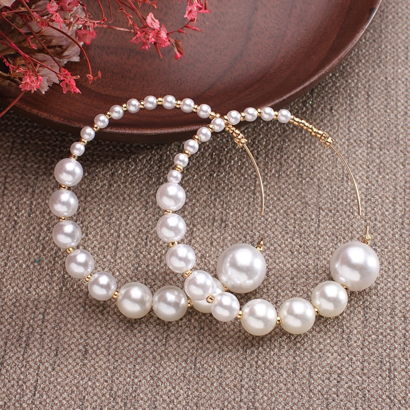 white boho imitation pearl round circle hoop earrings female gold color big earrings jewelry statement earrings