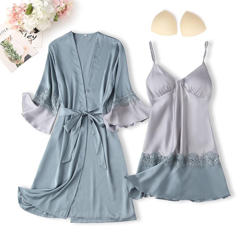 Lace Trim Sexy Robe Suit Loose Satin Kimono Bathrobe Gown Mini Sleepwear Rayon Intimate Lingerie