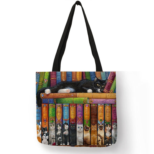 Oil Painting Cat Print Designer Tote Bags Linen Reusable Shopping Bag For Groceries Shoulder Bags