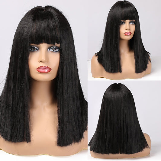 Black Synthetic Wigs Short Wavy Bob Wig  with Bangs Body Lolita Natural Hair Heat Resistant