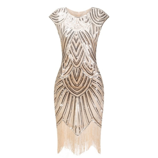 Vintage Flapper Great Gatsby Dress O-Neck Cap Sleeve Sequin Fringe Party Midi Dress