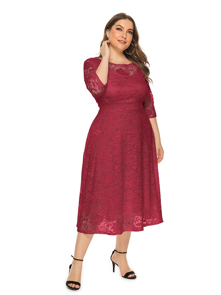 Plus Size Lace Evening Dress A-line Tea-length Dress with Pockets for Party