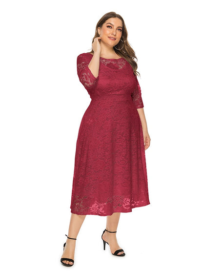 Plus Size Lace Evening Dress A-line Tea-length Dress with Pockets for Party