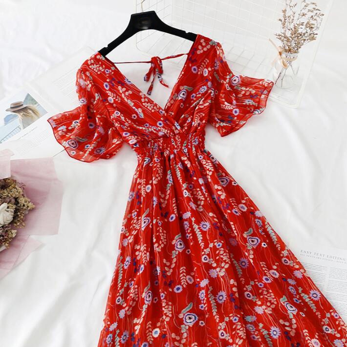 Ruffled Short-sleeved Chiffon V-neck High Waist Floral Print Beach Midi Dresses