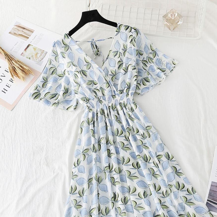 Ruffled Short-sleeved Chiffon V-neck High Waist Floral Print Beach Midi Dresses