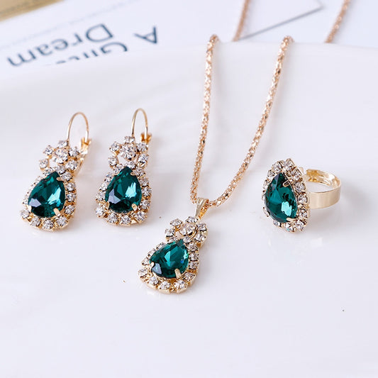 Luxury Water Drop Rhinestone Necklace Earrings Ring Set Shiny Bridal Jewelry Sets