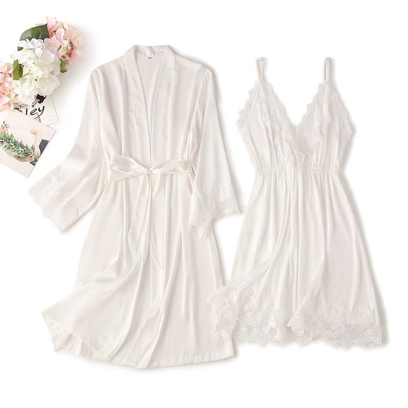 Lace Trim Sexy Robe Suit Loose Satin Kimono Bathrobe Gown Mini Sleepwear Rayon Intimate Lingerie