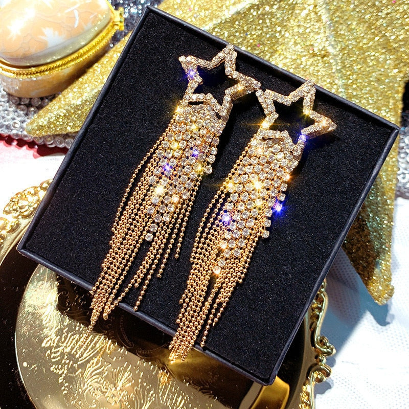 Fashion Long Tassel Crystal Earrings for Women Bijoux Luxury Shiny Gold Color Star Dangle Earrings Jewelry