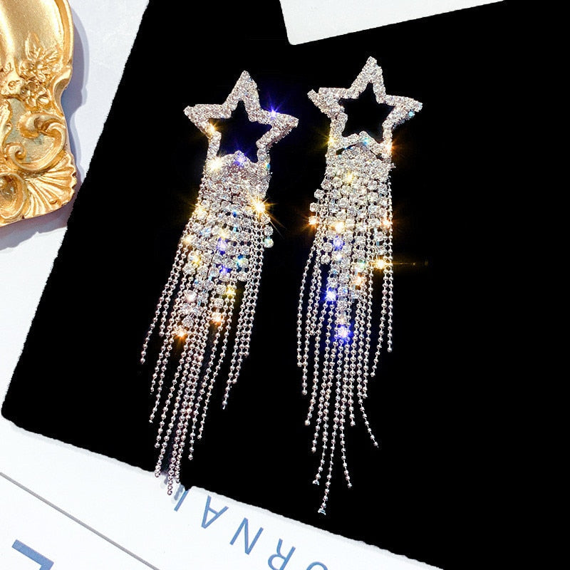 Fashion Long Tassel Crystal Earrings for Women Bijoux Luxury Shiny Gold Color Star Dangle Earrings Jewelry