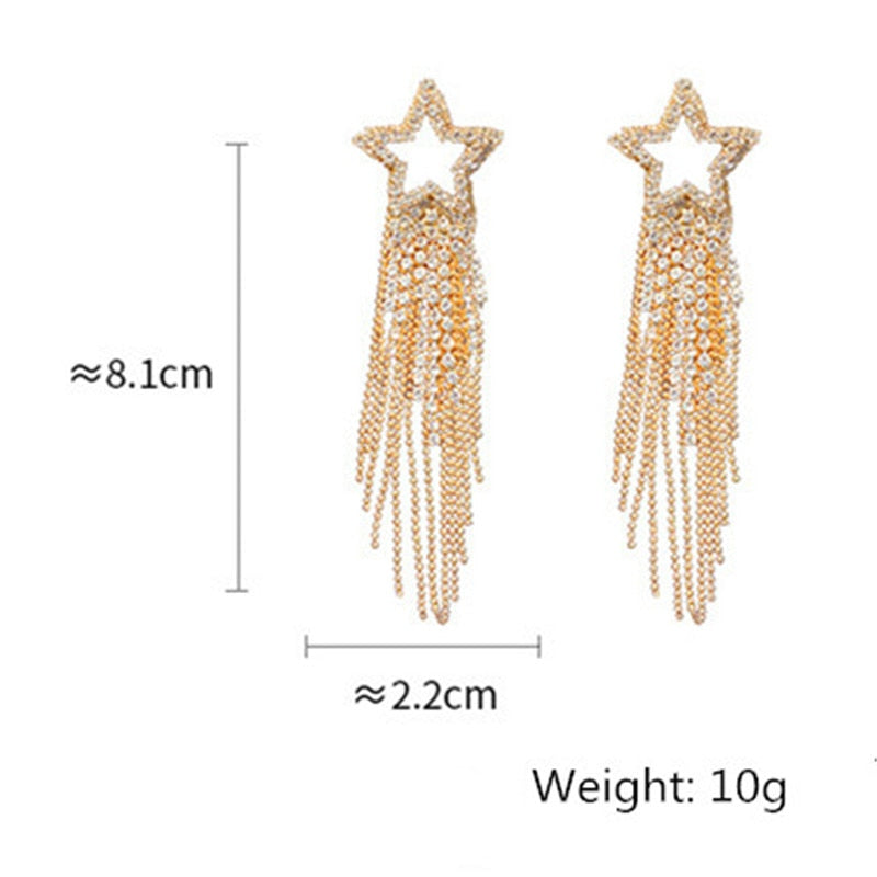 Fashion Long Tassel Crystal Earrings for Women Bijoux Luxury Shiny Gold Color Star Dangle Earrings Jewelry